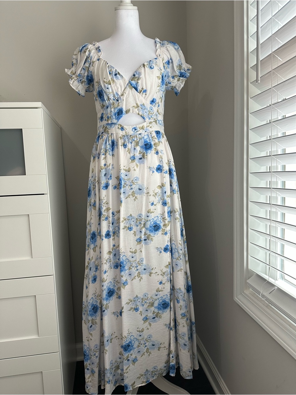 Altar'd State Cream Maxi Dress with Blue Floral Accents